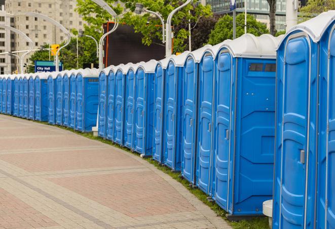 portable restrooms lined up at a marathon, ensuring runners can take a much-needed bathroom break in Berlin CT